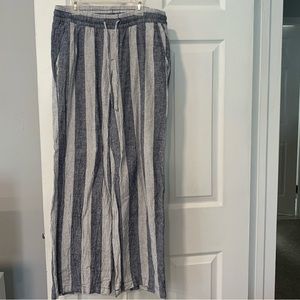 Blue and white wide leg linen striped pants with pockets